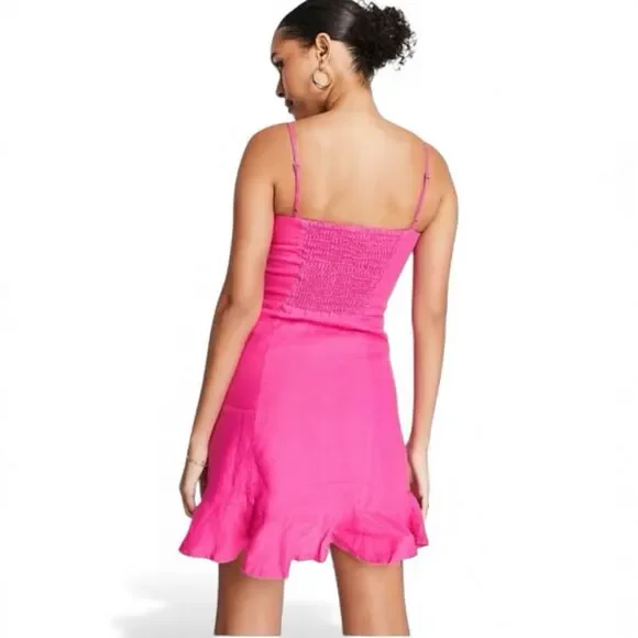 NWT Elodie Hot Pink Linen Blend Mini Dress Size Small Square Neck Adjustable - Picture 3 of 4